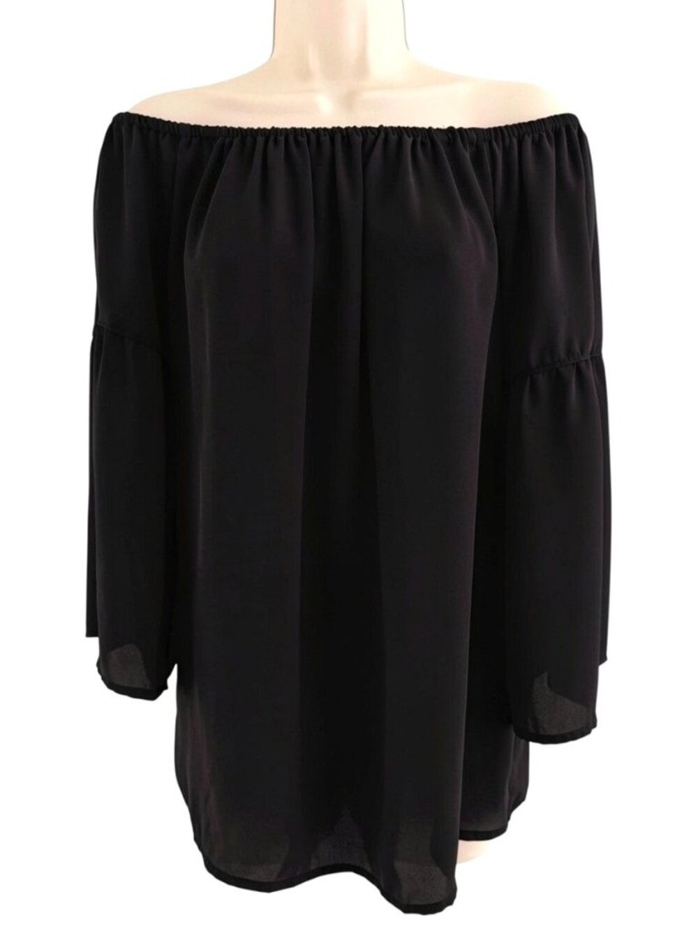 Pleione Off The Shoulder Black Chiffon Tunic Blouse Top Shirt Size S Bell Sleeve